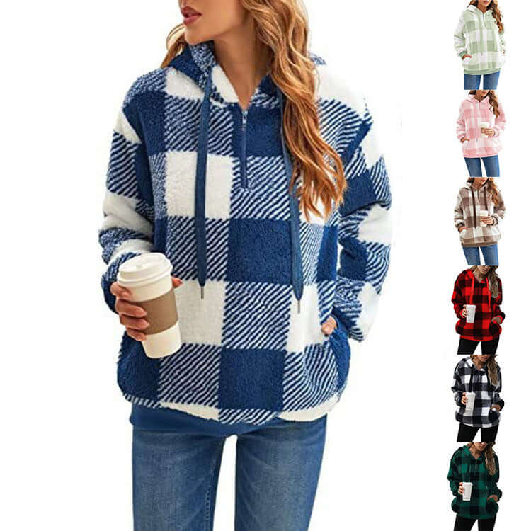 Fashion Plaid Hooded Sweatshirt With Pockets