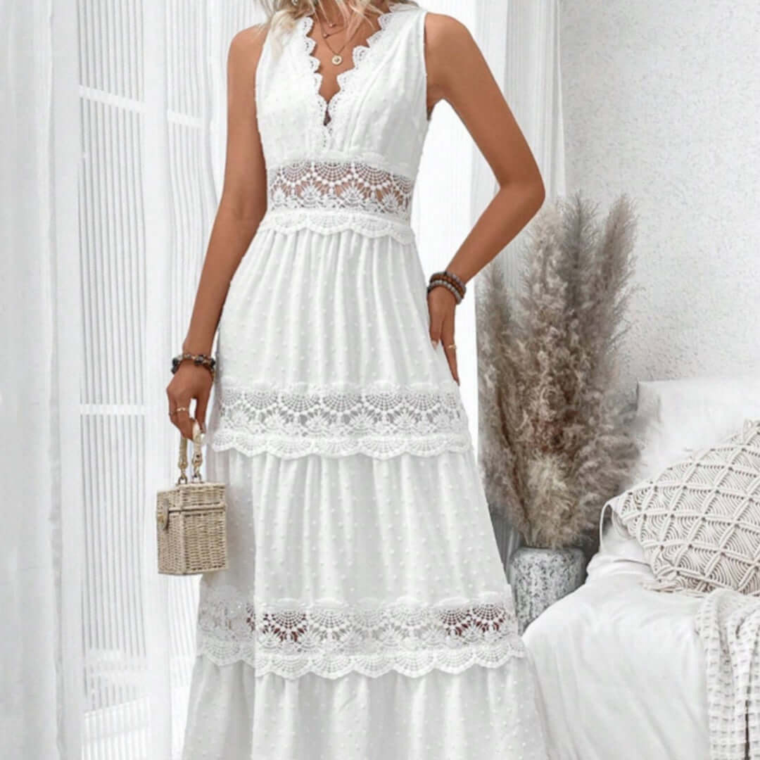 Women's Lace Stitching V-neck Sleeveless Dress