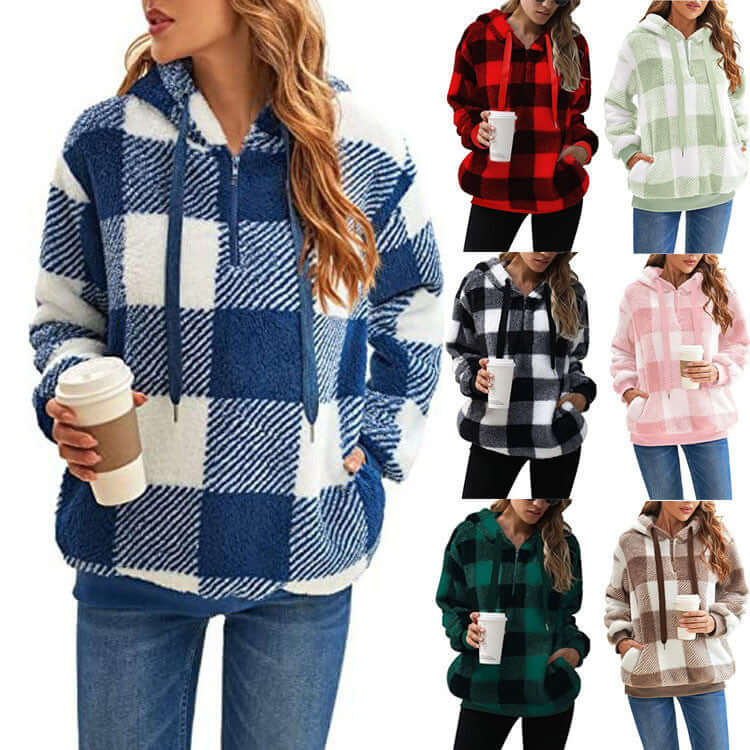 Fashion Plaid Hooded Sweatshirt With Pockets