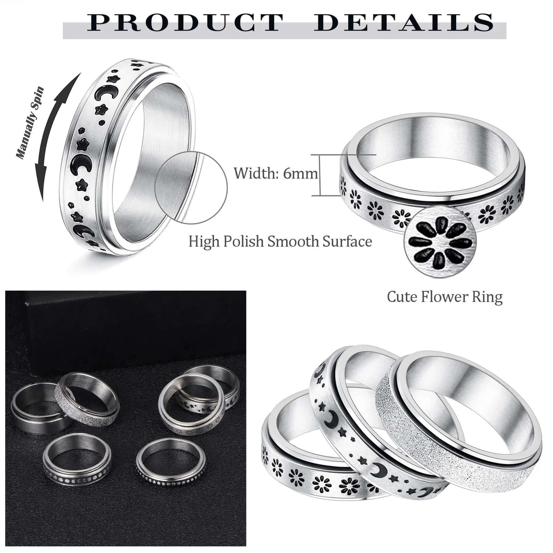 Drehbarer Spinnerring aus Edelstahl, Mondsterne, Ringe zur Linderung von Angstzuständen - tip-shop