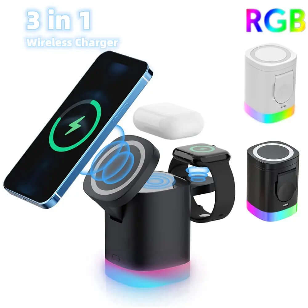 3-in-1 magnetisches kabelloses Schnellladegerät für Smartphones, RGB-Umgebungslicht-Ladestation für Airpods IWatch Heyang Industrial Co., Ltd