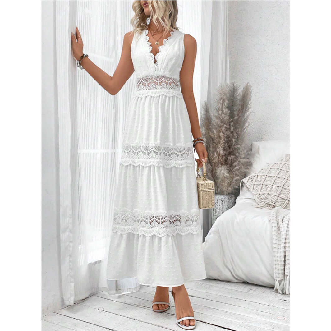 Women's Lace Stitching V-neck Sleeveless Dress