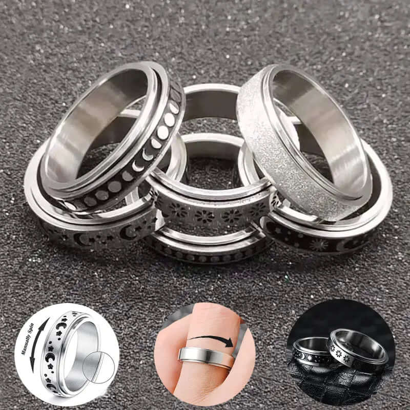 Drehbarer Spinnerring aus Edelstahl, Mondsterne, Ringe zur Linderung von Angstzuständen - tip-shop